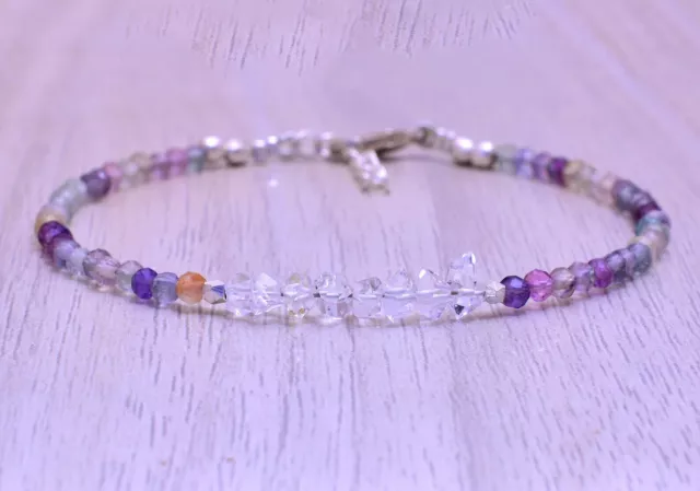 925 Sterling Silver Herkimer+Shaded Fluorite 3mm Rondelle Faceted Bracelet 7"