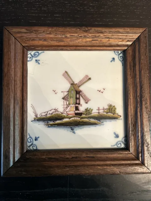 Antique Hand Made Dutch Windmill Tile Makkum Delft- Framed in Wood RARE find