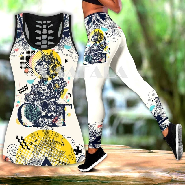 Cat Tattoos Animal Two Piece Yoga Set Women 3D Print Vest Hollow Out Tank Top