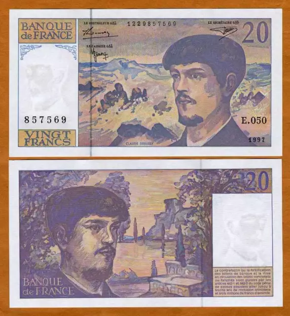 France, 20 francs, 1997, P-151i, last per-Euro, UNC Composer Claude Debussy