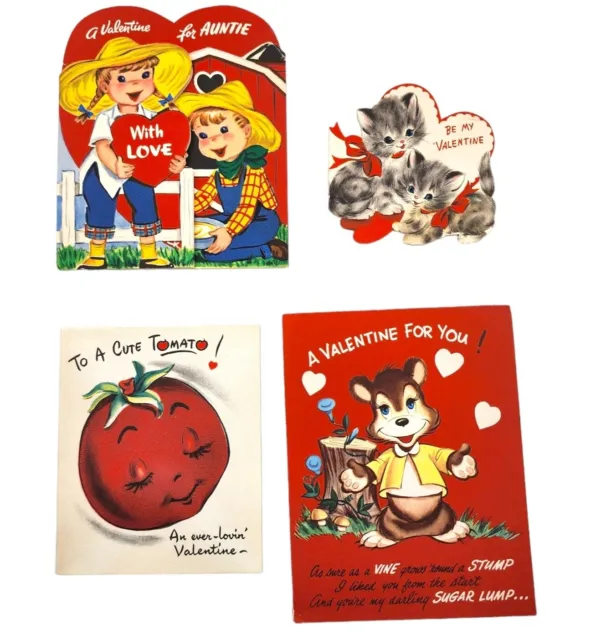 Vintage Valentines Day Card Lot Of 4 Funny Movment Kittens Tomato 1950s 60s