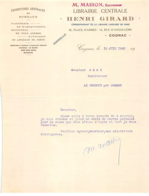 Facture.AM19950.Cognac.1930.Henri Girard.Librairie.Fournitures générales de