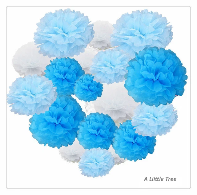 Stoff Papierbommel Bommeln Bommeln flauschig Party (blau + hellblau + weiß) (8 Zoll + 10 Zoll)