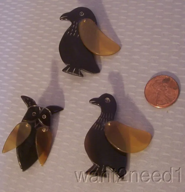 Vintage French Natural Horn Hand Carved Bird set 3 movable wing Owl Penguin Duck