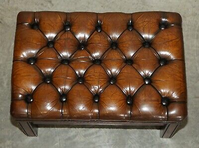 Vintage Fully Restored Chesterfield Hand Dyed Brown Leather Tufted Footstool 3