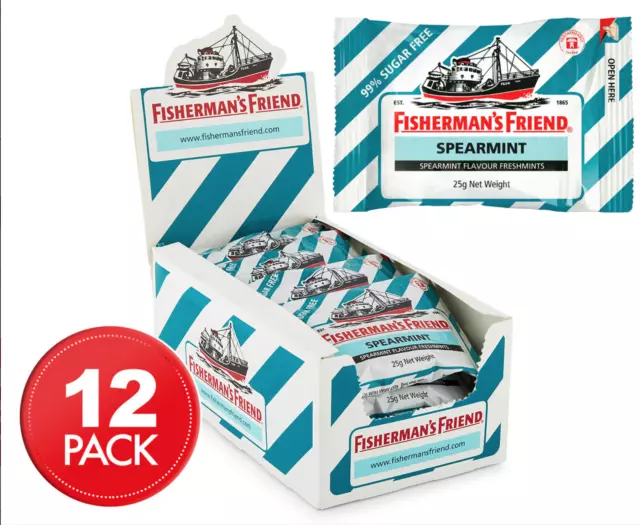 12 x Fishermans Friend, Fisherman's Spearmint Strong Menthol Lozenges 25g