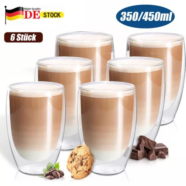 6x Doppelwandige Thermo Gläser 350/450ml Latte Macchiato Cocktail Kaffee Tee DHL