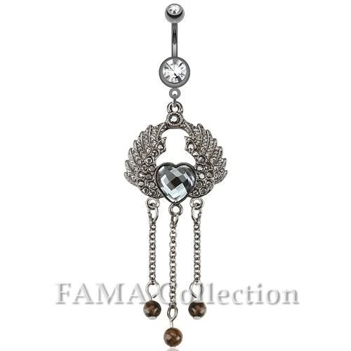 FAMA Wings Hematite with Heart Gem and Cascading Beads Dangle Navel Belly Ring