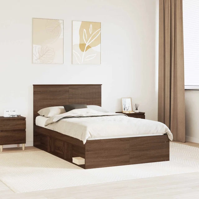 BED FRAME WITH Headboard Brown Oak 120 x 190 cm Solid Pine Wood vidaXL ...