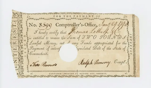 1790 Ralph Pomeroy (Comptroller) - CONNECTICUT Interest Payment Certificate