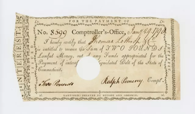 1790 Ralph Pomeroy (Comptroller) - CONNECTICUT Interest Payment Certificate