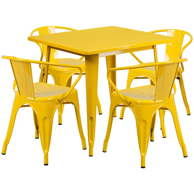 31.5in Square Metal Table Set with 4 Armchairs- Yellow Model# ETCT002470YL