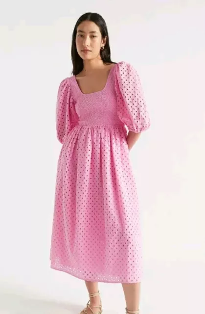 SEED HERITAGE Pink Dress Size 10 Broderie Anglaise Shirred Puff Sleeve Midi NEW