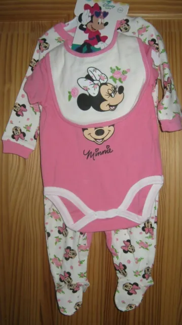 Disney Baby Minnie Mouse 3-Piece Set-Bib/Body & Sleepsuit-Age 3-6 Months-Bnwt
