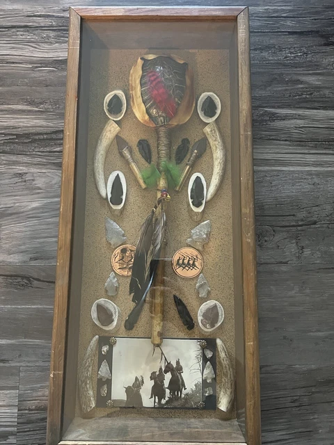 Native American Turtle Rattle Arrowheads in a Shadow Box Rare