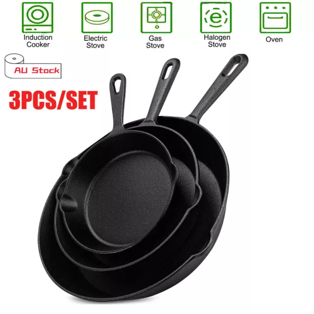 3PCS Non Stick Frying Pan Set Cast Iron Steak Skillet BBQ Cookware Frypan AU🎄🎄