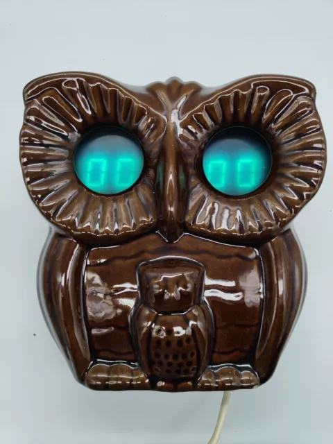 Vintage Elektronika Ceramic Owl VFD Wall Clock USSR 1990 Soviet Retro