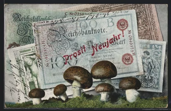Ansichtskarte Geldscheine und Champignons auf einer Wiese 1908
