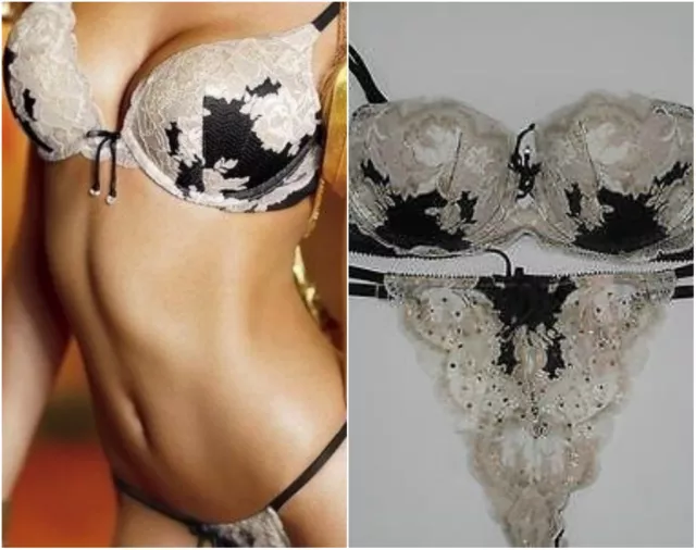 Victoria's Secret 36B BRA SET+M SLING+CORSET Black White Silver Sexy  Seduction