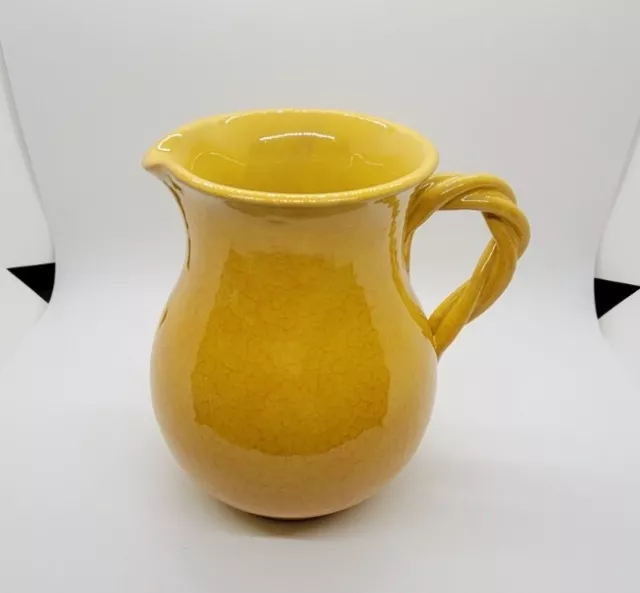 Yellow Muttled Glazed Italian Pottery Pitcher Jug Braided Handle Italy 7"