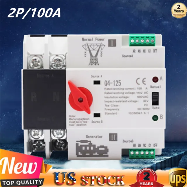 2P/100A Dual Power Automatic Transfer Switch Dual Power Generator Changeover