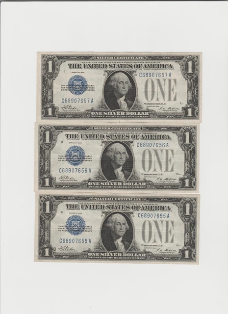 3-1928 $1 "FUNNY BACK" SILVER Certificates Lightly circulated  consecutively #