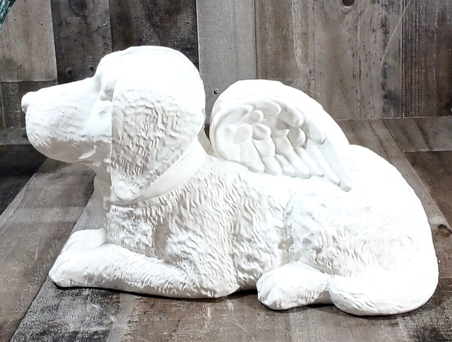 LARGE 15×9x8 LAYING PUPPY DOG GUARDIAN ANGEL STATUE SCULPTURE WHITE CERAMIC