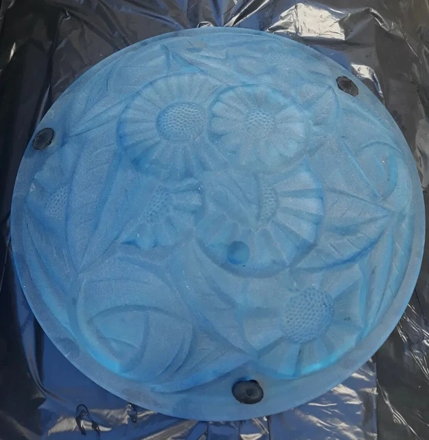 LUSTRE BELLE COUPE VASQUE  VERRE Pressé Moulé Bleue signée Degué ART DECO