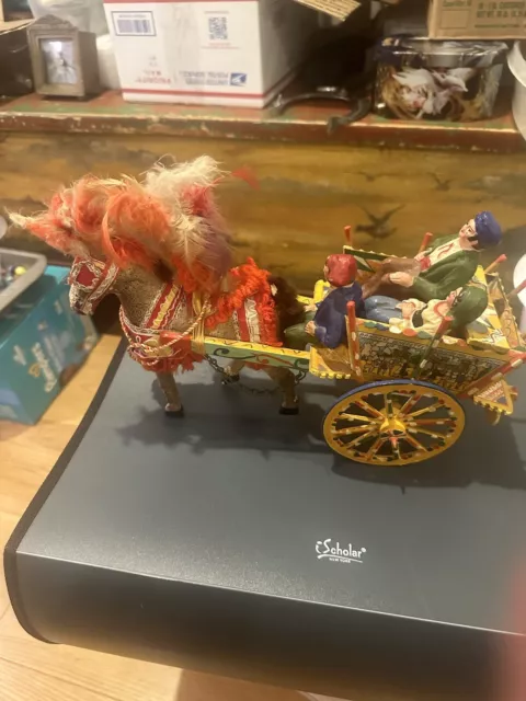 Large Vintage Italian Folk Art Souvenir Sicilian Wood Cart w Horse & People