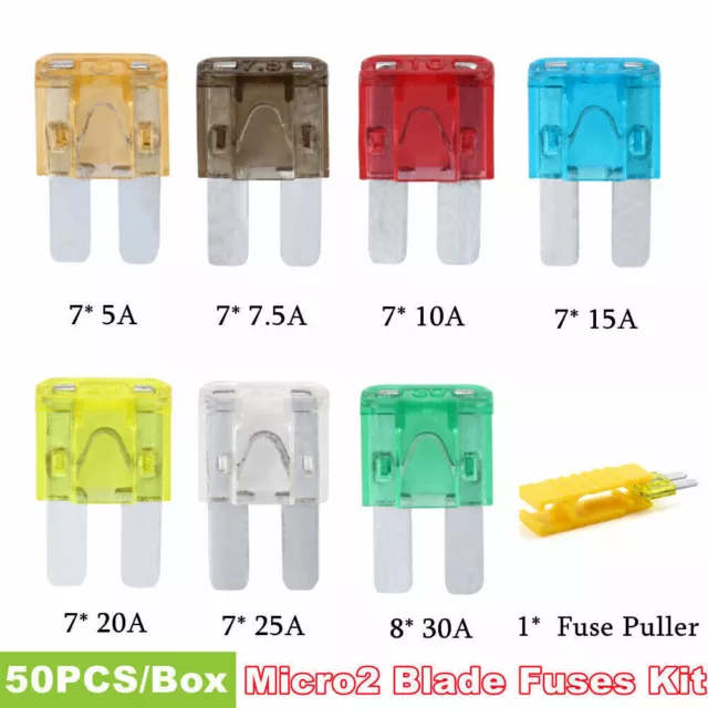 50PCS Micro 2 Fuses Blade Fuse Automotive 5/7.5/10/15/20/30A Assortment W/ Clip