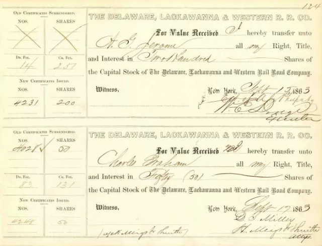 Delaware, Lackawanna and Western Railroad Issued to Addison G. Jerome and Signed