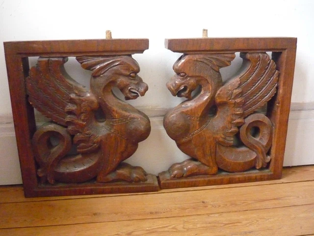 Antique PAIR French Pillars Wood Carved Gothic Griffin Dragon Lion Cabinet 19th