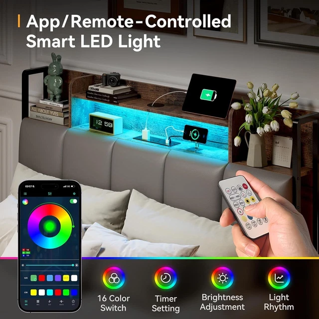4FT6 DOUBLE BED Frame Wooden Headboard LED Lights USB Charging Storage ...