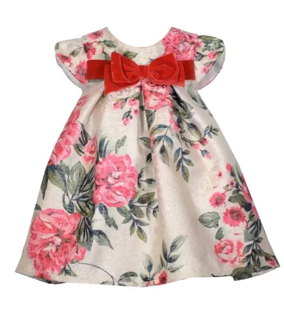 NWT Bonnie Jean Baby Girls 3-6 Months Pink Red Floral Bow Trapeze Dress Set