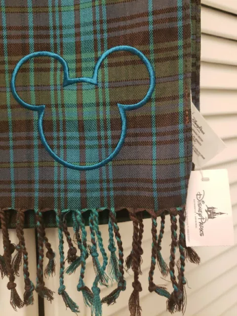 New! Disney Parks Mickey Mouse Green Plaid Embroidered Fringed Scarf  68" X 12"