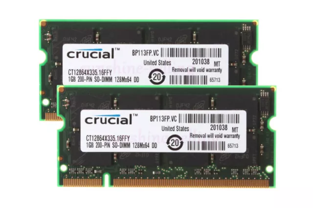 2GB Crucial 2X 1GB PC2700 DDR333MHz 200Pin Sodimm Memory RAM Low Density PC2700S