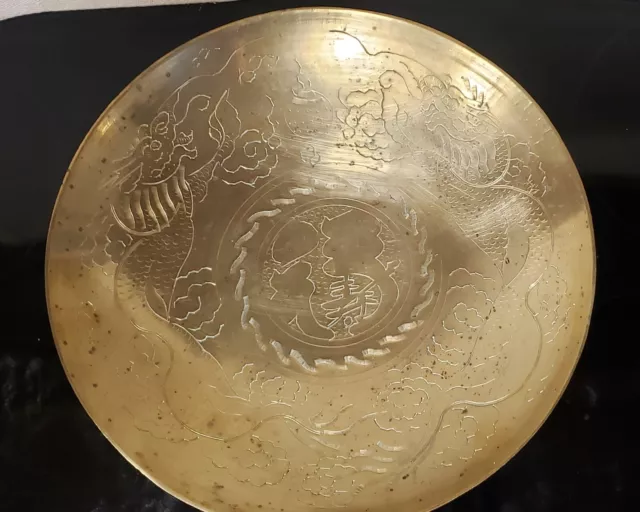 Chinese Double Dragon Engraved Brass Shallow Bowl