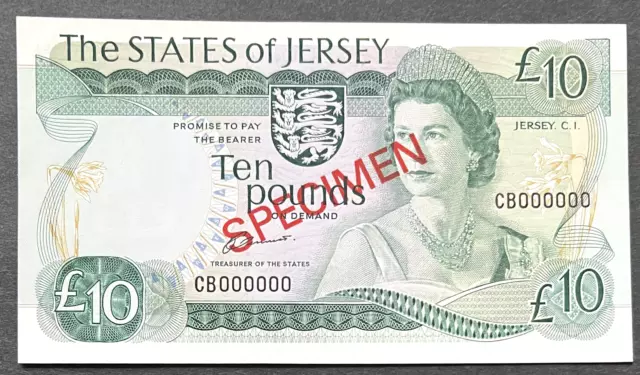 States of Jersey £10 Ten Pound Specimen Banknote J. Clennett Prefix CB00000 1976