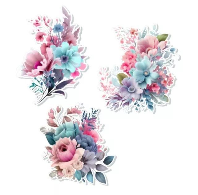 3 x Waterproof Flower Vinyl Stickers Decals Wall Laptop iPad Scrapbooking