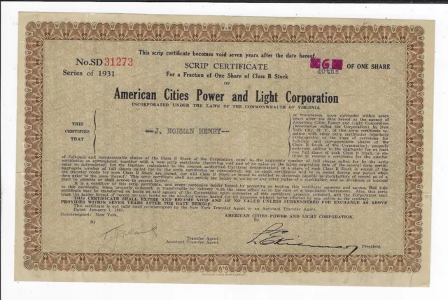 VIRGINIA 1931 American Cities Power & Light Corporation Stock Certificate