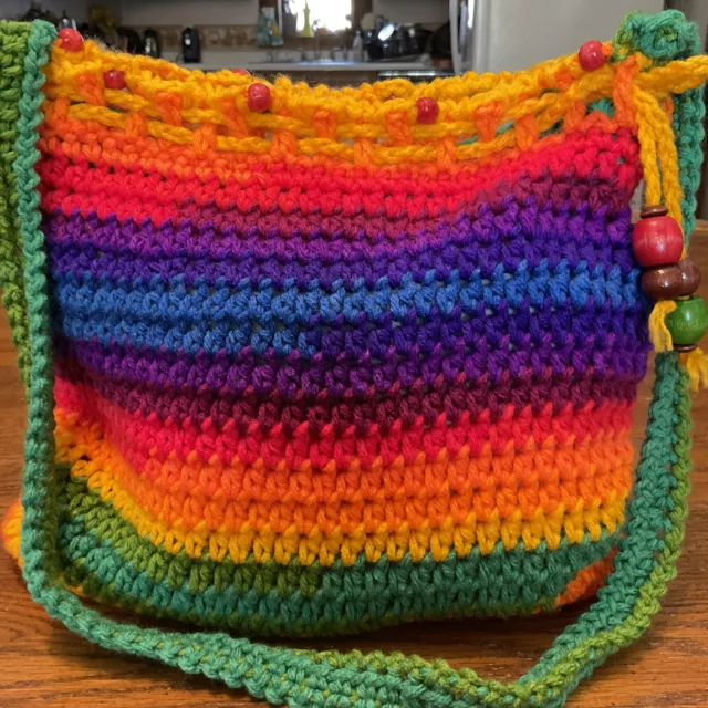 HOOKYLOOPS Hand Crochet Purse Tote XBODY Neon Rainbow Green Rev Liner Bead Large