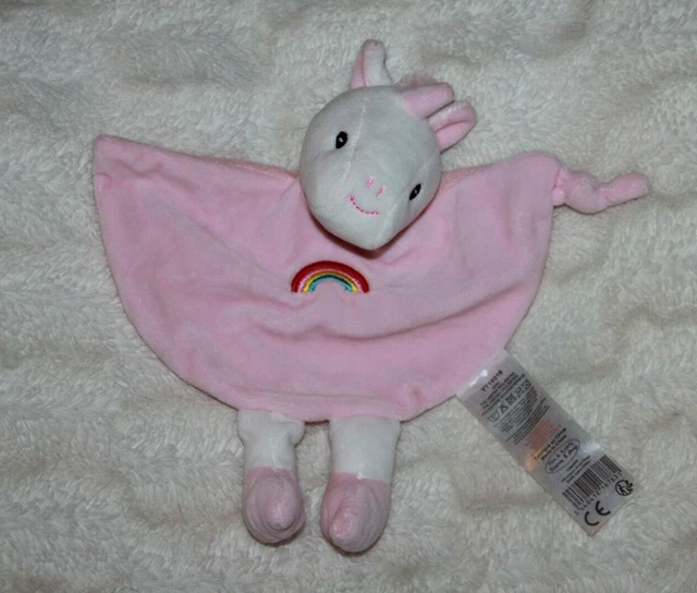 Doudou Tom & Kiddy Bisous D'ange Licorne Plat Rose Blanc Arc En Ciel Grelot Neuf