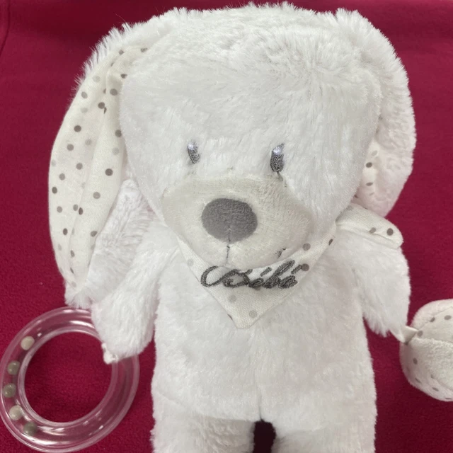 🇫🇷 Doudou Peluche Lapin Blanc Pois Gris Activité Anneau Balle Pommette Neuf 2