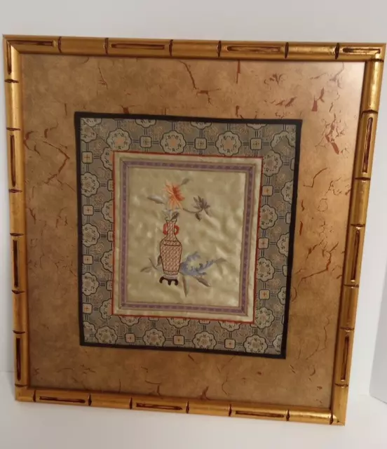 Vintage Chinese Asian Silk Embroidery Textile Wall Hanging Flowers Framed