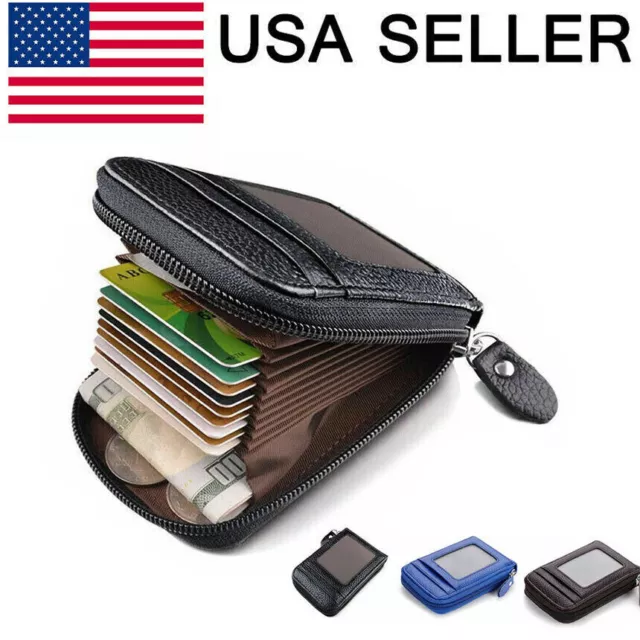 Genuine Leather Men Wallet Credit Card Holder RFID Blocking Zipper Pocket Thin