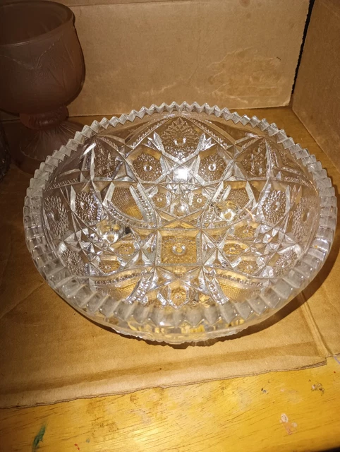 Vintage Imperial Nu Cut Pressed Glass Round Candy Dish Bowl Hobstar Sawtooth rim
