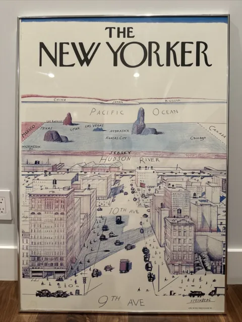 Saul Steinberg The New Yorker 1976 Hudson River Print - 42” x 29” Silver Frame