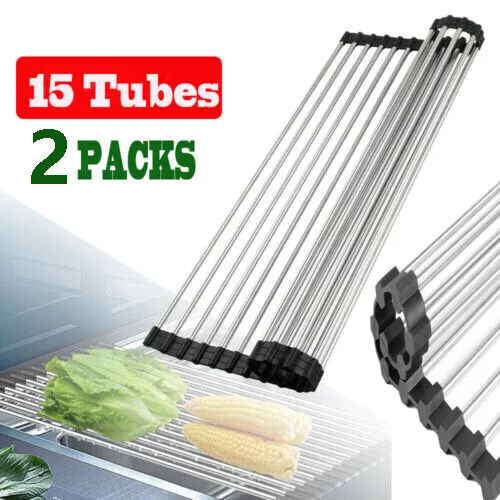 18x15 Kitchen Stainless Steel Sink Drain Rack Roll Up Dish Rack Food Drying  Mat
