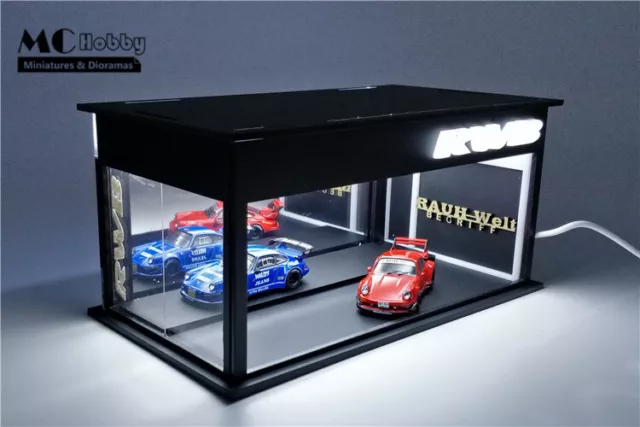 1:64 MC Hobby Garaje Acrílico Iluminación LED Diorama Modelo Automóvil Salas de Exposición RWB