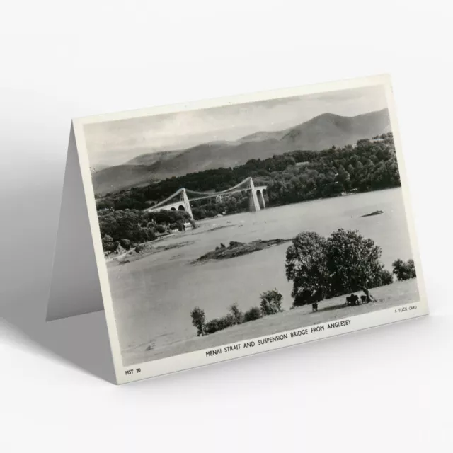 GREETING CARD - Vintage Wales - Menai Strait & Suspension Bridge from Anglesey b